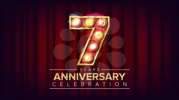 7 Years Anniversary Banner Vector. Seven, Seventh Celebration. Shining Light Sign Number. For Birthday Poster Template Design. Red Background Illustration