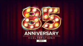85 Years Anniversary Banner Vector. Eighty-five, Eighty-fifth Celebration. Shining Light Sign Number. For Business Cards, Postcards, Flyers, Gift Cards Design. Modern Background Illustration
