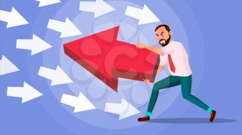 Businessman Pushing Arrow Vector. Strategy Concept. Standing Out From The Crowd. Different Idea. Against Obstacles. Opposite Direction. Cartoon illustration