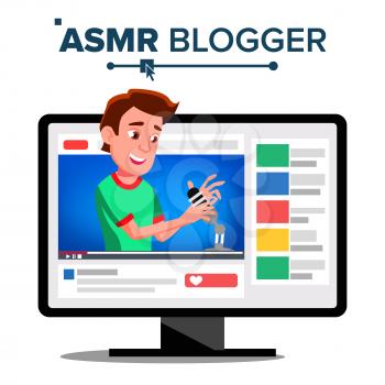 ASMR Blogger Channel Vector. Male, Guy Isolated Illustration