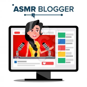 ASMR Blogger Channel Vector. Woman. Relax Effect. Insomnia Concept. Popular Video Streamer Blogger. Isolated Illustration
