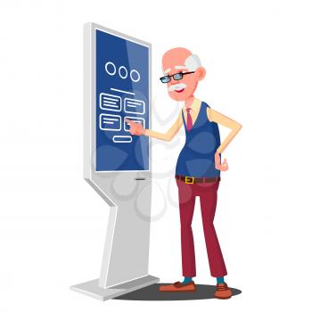 Old Man Using ATM, Digital Terminal Vector. Interactive Informational Kiosk. Electronic Self Service Payment System. Isolated Flat Cartoon Illustration