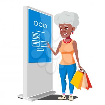 Old Woman Using ATM, Digital Terminal Vector. Advertising Touch Screen. Floor Standing. Money Deposit, Withdrawal. Isolated Flat Cartoon Illustration