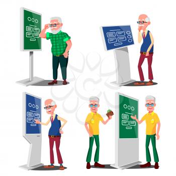 Old Man Using ATM, Digital Terminal Vector. Showcasing Information, Advertising. Isolated Flat Cartoon Illustration