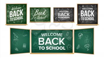 Back To School Banner Design Vector. Classroom Chalkboard, Blackboard. Doodle Icons. Sale Background. Welcome. 1 September. Education Related Illustration