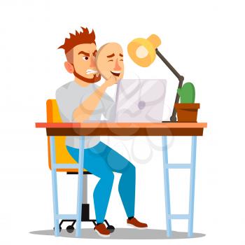 Fake Person Vector. Bad, Tired Man. Deceive Concept. Businessman Wear Smile Mask. Isolated Flat Cartoon Character Illustration