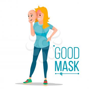 Fake Person Vector. Bad, Tired Woman. Deceive Concept. Business Woman Wear Smile Mask. Isolated Flat Cartoon Character Illustration