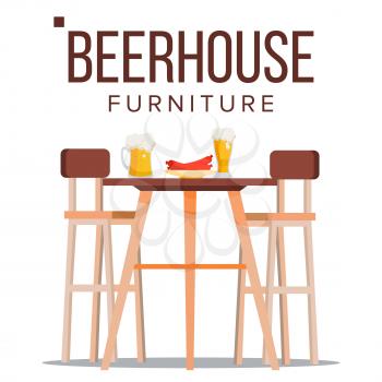 Beer House Furniture Vector. Brewery Wooden Table, Chairs, Beer Mug. Bar. Alcohol Party Design Element. Isolated Flat Illustration
