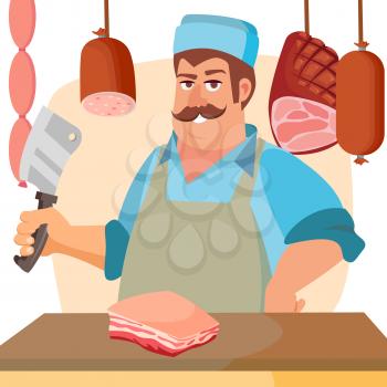 Happy Butcher Vector. Standing Butcher Man With Knife. Natural Meat. For Steak, Meat Market, Storeroom Advertising Concept. Cartoon Isolated Illustration.