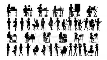 Business People Silhouette Set Vector. Male, Female. Guy Young. Figure Collection. Office Suitcase. Standing Girl. Black Isolated On White Illustration