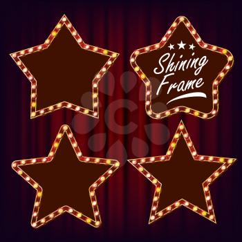Star Retro Frame Set Vector. Realistic Shine Lamp Star Frame. 3D Electric Glowing Billboard. Vintage Illuminated Neon Light. Carnival, Circus, Style. Illustration