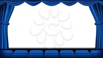 Auditorium With Seating Vector. Blue Curtain. Theater, Cinema Screen And Seats. Stage And Chairs. Blue Curtain. Theater. Illustration