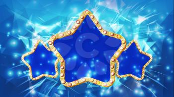 Star Frame Vector. Three Golden Star Shape With Lights. Rays. Award Ceremony, Event Concept. Shine Lamp. Event Illustration
