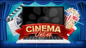 Online Cinema Poster Vector. Modern Laptop Concept. Home Online Cinema. Theater Curtain. Package Full Of Jumping Popcorn. Banner, Poster Illustration.