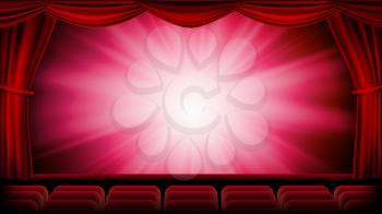Red Theater Curtain Vector. Red Background. Theater, Opera Or Cinema Closed Scene. Banner, Placard, Poster Template. Realistic Illustration