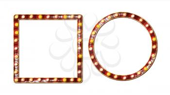 Retro Billboard Vector. Shining Light Sign Board. Realistic Shine Lamp Frame. 3D Electric Glowing Element. Carnival, Circus, Casino Style. Isolated Illustration