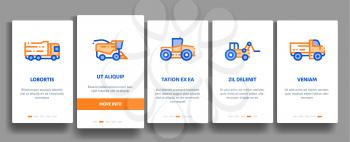 Agricultural Vehicles Vector Onboarding Mobile App Page Screen. Agricultural Transport, Harvesting Machinery Linear Pictograms. Harvesters, Tractors, Irrigation Machines, Combines Illustration