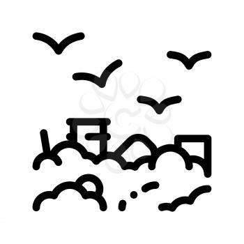Building Smog And Birds Vector Thin Line Icon. City Town Environmental Pollution, Chemical, Industrial Smog Steam Linear Pictogram. Dirty Soil, Water, Air Contour Illustration