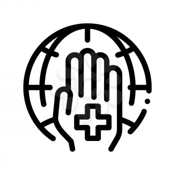 Cross On Hand Palm Planet Vector Thin Line Icon. Planet Protection Against Climate Environmental Problem, Industrial Pollution Linear Pictogram. Greenhouse Effect Global Warming Contour Illustration