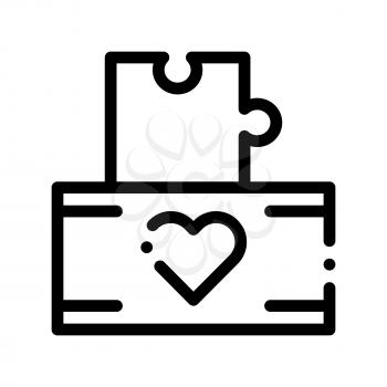 Volunteers Support Game Box Vector Thin Line Icon. Volunteers Support, Help Charitable Organizations, Heart On Package With Playing Puzzle Element Detail Linear Pictogram. Contour Illustration