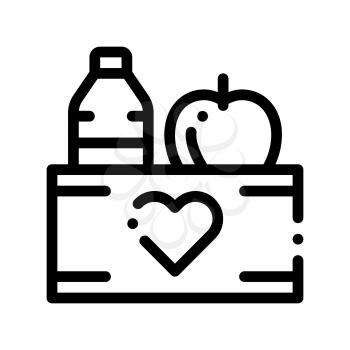 Volunteers Support Food Box Vector Thin Line Icon. Volunteers Support, Help Charitable Organizations, Heart On Package With Apple And Water Bottle Linear Pictogram. Contour Illustration