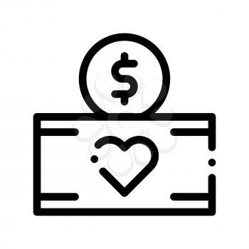 Volunteers Support Thing Box Vector Thin Line Icon. Volunteers Support, Help Charitable Organizations, Heart Package With Coin Dollar Financial Patronage Linear Pictogram. Contour Illustration