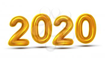 2020 Number New Year Celebration Flyer Vector. Golden Air Blown Two Thousand Twenty 2020 Isolated On White Background. Happy Holiday Shiny Illustration