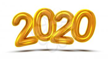 2020 Number New Year Celebration Banner Vector. Glossy Golden Air Blown Two Thousand Twenty 2020 With Shadow Isolated On White Background. Merry Christmas Greeting Placard Realistic 3d Illustration