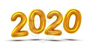 2020 Number New Year Celebration Banner Vector. Glossy Golden Air Blown Two Thousand Twenty 2020 With Shadow Isolated On White Background. Illustration