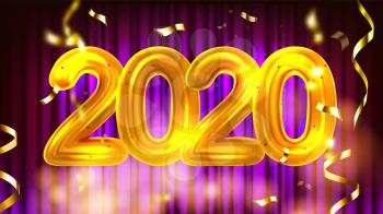 2020 New Year Party Advertising Banner Vector. Bright Number Two Thousand Twenty 2020 Decorated Golden Confetti Isolated Purple Theatre Scene Curtain Background Greeting Card Realistic 3d Illustration