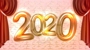 2020 New Year Concert Advertising Banner Vector. Number 2020 Two Thousand Twenty Decorated Red Curtain Isolated Vintage Brick Wall On Background Festive Event Placard Realistic 3d Illustration