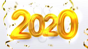 Golden 2020 New Year Xmas Party Banner Vector. Glossy Yellow Two Thousand Twenty 2020 Decorated Coil Glitter Confetti On White Background Merry Christmas Greeting Postcard Realistic 3d Illustration