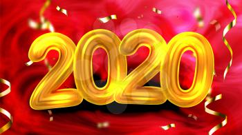Golden Number 2020 New Year Party Banner Vector. Glossy Yellow Two Thousand Twenty 2020 Decorated Coil Foil Confetti Isolated Abstract Red Background Festive Holiday Placard Realistic 3d Illustration
