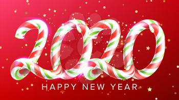 Candy In Form 2020 Happy New Year Banner Vector. Multicolored Sweet Caramel In Shape Two Thousand Twenty 2020 On Red Background With Stars And Rounds. Greeting Placard Realistic 3d Illustration