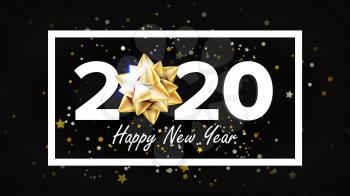 2020 Happy New Year Holiday Elegant Banner Vector. Two Thousand Twenty 2020 Number White Frame Stars And Shiny Sparkles On Black Background. Glittering Advertising Placard Realistic 3d Illustration