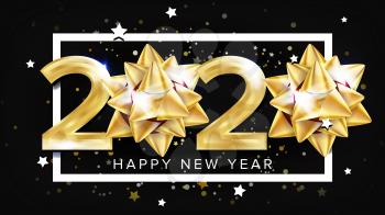 2020 Happy New Year Party Elegant Banner Vector. Golden Glossy Two Thousand Twenty 2020 Number White Frame Stars And Rounds On Black Background. Greeting Poster Realistic 3d Illustration