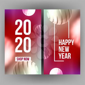 Bright Invitation Card Celebrating 2020 Vector. Realistic White Chrome Striped Sphere And Number 2020 Two Thousand Twenty On New Year Greeting-card. Creative Color Vertical Postcard 3d Illustration