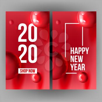 Beautiful Invitation Card Celebrating 2020 Vector. Realistic Bright Red Sphere And White 2020 Two Thousand Twenty Frame Invite On New Year Party. Stylish Colorful Vertical Postcard 3d Illustration