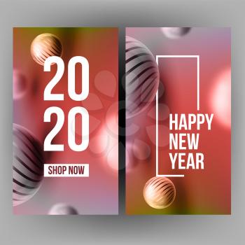 Xmas Invitation Post Card Celebrating 2020 Vector. Realistic Striped Spherule And Number 2020 Two Thousand Twenty On New Year Greeting-card Annonce. Creative Color Vertical Banner 3d Illustration