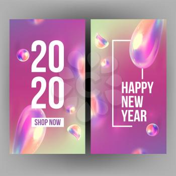 New Year Invitation Card Celebrating 2020 Vector. Realistic Water Blister Spangle And Number 2020 Two Thousand Twenty On Xmas Greeting-card Annonce. Creative Variegated Vertical Poster 3d Illustration