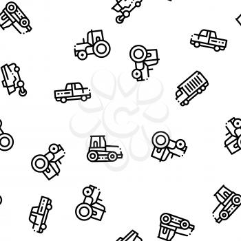 Agricultural Vehicles Vector Seamless Pattern. Agricultural Transport, Harvesting Machinery Linear Pictograms. Harvesters, Tractors, Irrigation Machines, Combines Color Contour Illustrations