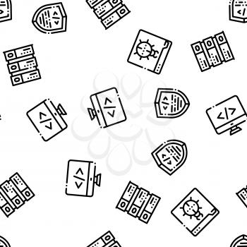 Coding System Vector Seamless Pattern. Binary Coding System, Data Encryption Linear Pictograms. Web Development, Programming Languages, Bug Fixing, HTML, Script Color Contour Illustrations