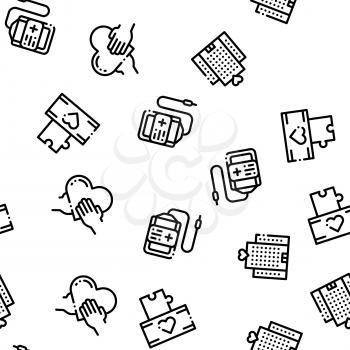 Volunteers Support Vector Seamless Pattern. Volunteers Support, Charitable Organizations Linear Pictograms. Blood Donor, Food Donations, Financial Help, Humanitarian Aid Color Contour Illustrations