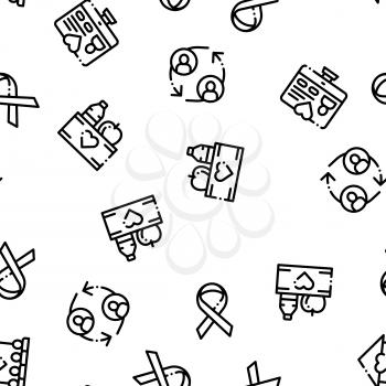 Volunteers Support Vector Seamless Pattern. Volunteers Support, Charitable Organizations Linear Pictograms. Blood Donor, Food Donations, Financial Help, Humanitarian Aid Color Contour Illustrations