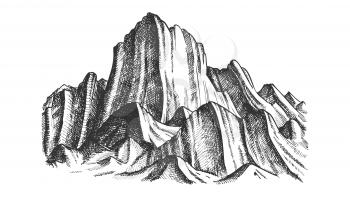 Peak Of Rocky Mountain Landscape Monochrome Vector. Mountain Versant Rock Peak Felsenwand Adventure Wilderness Place Concept. Designed Slope Clift Template Black And White Illustration