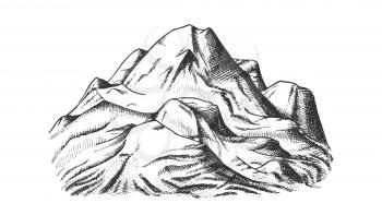 Snow Covering Mountain Landscape Hand Drawn Vector. Hill Crest Mountain Place For Extreme Sport Ski-alpinism, Expedition Concept. Pencil Designed Template Black And White Illustration