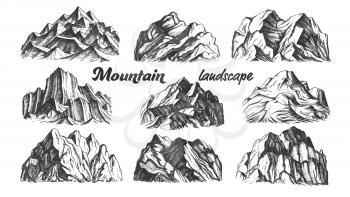 Collection Mountain Landscape Set Vintage Vector. Different Mountain Place For Camping Travel Climbing Or Hiking Mountainous Geology Concept. Designed Template Black And White Illustrations