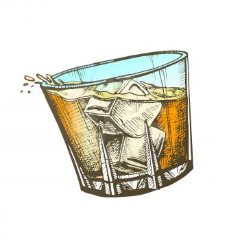 Design Glass With Whisky And Ice Cubes Vector. Hand Drawn Glass With Cold Irish Booze Distilled And Aging In Wooden Barrel. Mug Alcoholic Drink And Splash Template Color Illustration