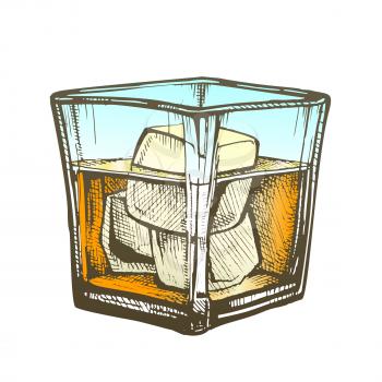 Elegance Glass With Brandy And Ice Cubes . Design Decorative Glass With Frappe Strong Booze Spirit Produced By Distilling Wine. Chilled Classic Alcoholic Drink Color Illustration