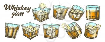 Color Collection Classical Irish Whiskey Glass Set . Different Design Glass With Strong Booze Traditional Scotch, Splash And Waves, Ice Cube And Drop. Chilled Frost Alcoholic Drink Illustration